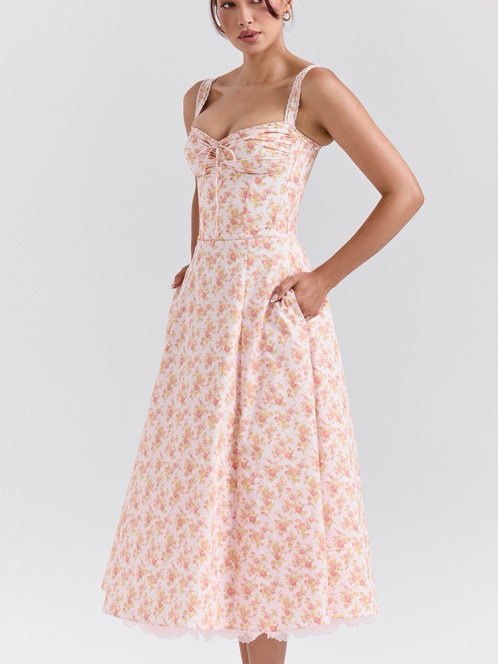 House of CB Pink Floral Midi Dress with Lace Straps